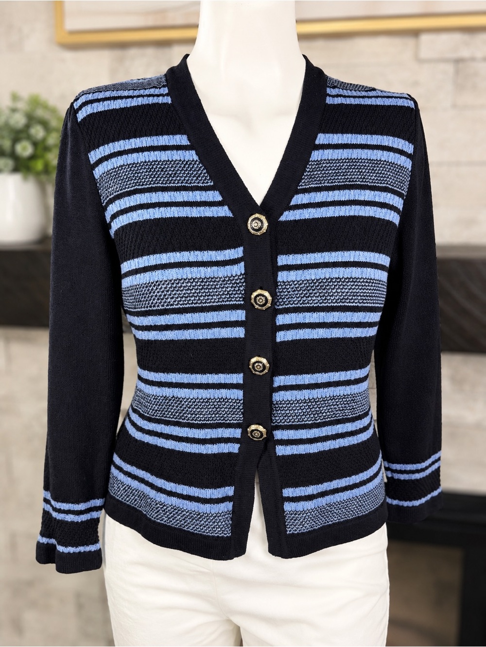 St. John Collection Blue Black Striped Knit Cardigan Jacket 4
